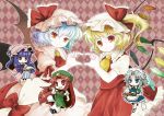  5girls apron blonde_hair blue_eyes blue_hair book braid chestnut_mouth chibi chinese_clothes flandre_scarlet hair_ribbon hat heart heart_hands heart_hands_duo hong_meiling izayoi_sakuya looking_at_viewer maid maid_headdress multiple_girls patchouli_knowledge purple_hair red_eyes redhead remilia_scarlet ribbon silver_hair socha star teapot touhou violet_eyes wings 
