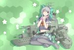  bow brown_eyes ginko_(nico) green_background hair_bow hair_ribbon hands_together honeycomb_background kantai_collection looking_at_viewer midriff pantyhose ponytail ribbon school_uniform serafuku short_sleeves silver_hair sitting skirt smile tagme wink wristband yuubari_(kantai_collection) 