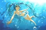  1girl air_bubble barefoot bikini blue_eyes blue_hair blush bubble coral diving fish freediving hair_ribbon hatsune_miku highres holding_breath light_rays long_hair manta_ray ocean open_mouth ribbon rkp rock sarong swimming swimsuit underwater vocaloid water 