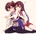  2girls akagi_(kantai_collection) armor blush brown_eyes brown_hair heart japanese_clothes kaga_(kantai_collection) kantai_collection kyuu_pito long_hair multiple_girls muneate open_mouth personification ponytail side_ponytail sweatdrop thighhighs tickling wavy_mouth 