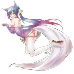  1girl absurdres ahri animal_ears ass back bell blue_hair blush choker detached_sleeves dress ejami facial_mark fox_ears fox_tail hair_ornament highres league_of_legends long_hair multiple_tails panties paw_pose pink_panties sandals short_dress signature solo tail thigh-highs twintails underwear white_legwear yellow_eyes 