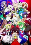  6+girls absurdres animal_ears asymmetrical_clothes baba_(pixiv3422465) black_hair black_legwear blonde_hair blue_eyes blue_hair brown_eyes brown_hair dog_ears futatsuiwa_mamizou glasses green_eyes green_hair grey_eyes hair_ornament hair_ribbon hair_stick hair_tubes hakurei_reimu hat hat_ribbon heterochromia highres houjuu_nue japanese_clothes kaku_seiga kasodani_kyouko kirisame_marisa kochiya_sanae konpaku_youmu leaf leaf_on_head miyako_yoshika monochrome multiple_girls polearm ponytail raccoon_ears raccoon_tail red_eyes ribbon rod_of_remorse silver_hair soga_no_tojiko tail tatara_kogasa tate_eboshi ten_desires thighhighs touhou toyosatomimi_no_miko weapon white_hair wide_sleeves witch_hat 