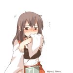  1girl akagi_(kantai_collection)_(cosplay) alternate_costume alternate_hairstyle armor blush brown_hair japanese_clothes kaga_(kantai_collection) kantai_collection long_hair lowres muneate personification rebecca_(keinelove) smelling solo 