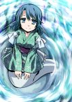  1girl blue_eyes blue_hair head_fins hemogurobin_a1c japanese_clothes looking_at_viewer mermaid monster_girl short_hair smile solo touhou wakasagihime 
