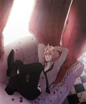  1boy blonde_hair checkered checkered_floor couch highres kagamine_len looking_at_viewer lying mozzu necktie on_back petals short_hair solo vocaloid 