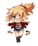  1girl ;) blonde_hair blush boots braid chibi cutoffs denim denim_shorts fate/apocrypha fate_(series) french_braid green_eyes grin jacket jewelry long_hair necklace open_clothes open_jacket ponytail saber_of_red scrunchie shorts smile solo tubetop tusia wink 
