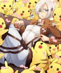  1girl arai_nobu belt blue_eyes french_fries glasses jacket military military_uniform pikachu pokemon pokemon_(creature) rico_brzenska shingeki_no_kyojin short_hair silver_hair thigh_strap too_many_pikachu uniform 