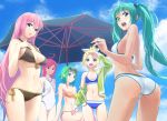  5girls :d ahoge aqua_eyes aqua_hair ass beach_umbrella bikini black_bikini blonde_hair blue_bikini blue_eyes blue_sky bow breast_envy breasts cleavage green_eyes green_hair gumi hair_bow hair_ornament hair_ribbon hairclip hand_on_own_chest hatsune_miku high_ponytail kagamine_rin long_hair looking_back megurine_luka multiple_girls navel off_shoulder one-piece_swimsuit open_mouth pink_hair redhead ribbon sf-a2_miki short_hair short_ponytail side-tie_bikini sitting sky smile sunglasses sunglasses_on_head swimsuit twintails umbrella very_long_hair vocaloid yahako 