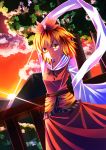  1girl arms_behind_back dutch_angle expressionless hagoromo hair_ornament highres layered_dress leaf lens_flare looking_at_viewer mountain multicolored_hair orange_sky peisuto railing shawl short_hair solo sunset tiger_print toramaru_shou touhou tree two-tone_hair yellow_eyes 