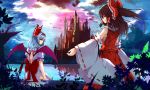  2girls baisi_shaonian bat_wings blue_hair bow brown_hair closed_eyes detached_sleeves dress hair_bow hakurei_reimu highres japanese_clothes lake looking_back miko multiple_girls partially_submerged ponytail red_eyes remilia_scarlet sarashi scarlet_devil_mansion torn_clothes torn_dress touhou wings 