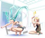  2girls aqua_hair barefoot blonde_hair blue_eyes camisole denim denim_shorts feet hair_ornament hairclip hatsune_miku jumping kagamine_rin long_hair multiple_girls nail_polish panties popsicle short_hair short_shorts shorts sitting small_breasts striped striped_panties surprised toenail_polish toes translation_request twintails underwear violet_eyes vocaloid wariza wokada 