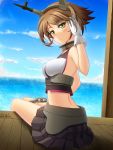  1girl adjusting_hair brown_hair chain gloves green_eyes hairband highres kantai_collection looking_at_viewer midriff mutsu_(kantai_collection) open_mouth personification short_hair sitting solo yujin-yujin 