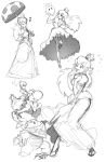  1girl alternate_hairstyle bowser_jr. closed_eyes collage crown earrings face_mask flying_sweatdrops garter_straps highres jewelry long_hair long_skirt mask monochrome musical_note ponytail princess_peach puffy_short_sleeves puffy_sleeves riding robert_porter short_sleeves sketch skipping skirt smile super_mario_bros. thigh-highs turnip umbrella yoshi 