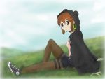  1girl animal_ears brown_eyes brown_hair converse curious dutch_angle earrings endlessgr8 grass highres hirasawa_yui hoodie jewelry jpeg_artifacts k-on! k-on!_movie overall_skirt short_hair singing! sitting solo thigh_strap tight_pants 
