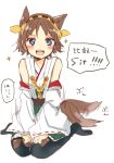  1girl :d animal_ears bare_shoulders blue_eyes blush boots brown_hair dakimakura detached_sleeves dog_ears dog_tail gumichoco hairband headgear hiei_(kantai_collection) highres japanese_clothes kantai_collection kemonomimi_mode miko open_mouth pantyhose personification plaid ribbon_trim short_hair skirt smile solo tail thigh_boots thighhighs translated 