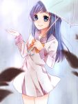  1girl blue_eyes blue_hair blurry depth_of_field dokidoki!_precure hishikawa_rikka kan_(sagasaga123) leaf precure rain school_uniform smile solo standing umbrella 