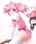  2girls akemi_homura blood chibi elbow_gloves gloves hayashiya_zankurou kaname_madoka leotard mahou_shoujo_madoka_magica multiple_girls nosebleed pink_eyes pink_hair short_hair skirt skirt_removed thighhighs twintails 