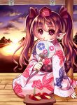  1girl apple blush brown_hair douji evening fan food fruit hat himekaidou_hatate japanese_clothes kimono lake long_hair looking_at_viewer mountain paper_fan pointy_ears red_eyes sitting smile solo star_(sky) tokin_hat touhou twintails uchiwa wariza 