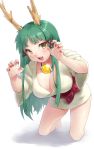  1girl barefoot blush breasts cleavage fang green_hair hair_ribbon highres horns japanese_clothes large_breasts long_hair nail_polish open_mouth original px8xq ribbon simple_background smile solo white_background yellow_eyes 