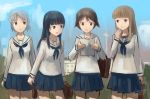  4girls alternate_costume artist_name bag black_hair brown_eyes brown_hair dated green_eyes kanokoga long_hair miyafuji_yoshika multiple_girls nakajima_hayate paper reading school_bag school_uniform serafuku short_hair silver_hair skirt strike_witches suwa_goshiki yamakawa_michiko 