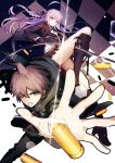  1boy 1girl ahoge black_hair braid brown_hair bullet cape dangan_ronpa green_eyes gun hood kirigiri_kyouko lia-sama long_hair naegi_makoto purple_hair revolver rifle short_hair skirt violet_eyes weapon 