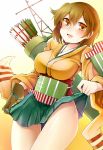  1girl arrow blush bow_(weapon) breasts brown_eyes brown_hair hiryuu_(kantai_collection) japanese_clothes kantai_collection looking_at_viewer open_mouth personification quill ray83222 short_hair smile solo weapon yugake 