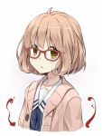  1girl ahoge blood blush cardigan glasses kuriyama_mirai kyoukai_no_kanata open_mouth orda pink_hair red-framed_glasses school_uniform serafuku short_hair simple_background solo white_background yellow_eyes 