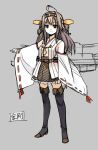  1girl ahoge bare_shoulders black_eyes black_legwear boots brown_hair character_name grey_background hair_ornament hairband kantai_collection kongou_(kantai_collection) long_hair looking_at_viewer nontraditional_miko ribbon_trim seo_tatsuya simple_background skirt smile solo thigh_boots thighhighs translated zettai_ryouiki 