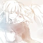  2girls blush braid closed_eyes fate/apocrypha fate/stay_night fate_(series) french_braid hair_bun hair_ribbon hug monochrome mother_and_daughter multiple_girls ponytail ribbon saber saber_of_red scrunchie sketch sweatdrop tusia 