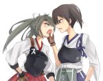  2girls blush brown_eyes brown_hair gloves green_hair hand_on_another&#039;s_face japanese_clothes kaga_(kantai_collection) kantai_collection multiple_girls muneate open_mouth short_hair side_ponytail skirt smile tagme twintails zuikaku_(kantai_collection) 