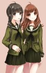  2girls bangs black_eyes black_hair blunt_bangs blush braid brown_eyes brown_hair kantai_collection kitakami_(kantai_collection) long_hair multiple_girls ooi_(kantai_collection) open_mouth payot personification school_uniform serafuku skirt smile 