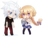  1boy 1girl :t anger_vein black_legwear blonde_hair blue_eyes blush_stickers bow braid bucket bucket_of_water casual chibi collar fate/apocrypha fate_(series) hair_bow lancer_of_red long_hair low-tied_long_hair necktie ruler_(fate/apocrypha) single_braid skirt sleeveless spiked_collar spikes thighhighs tusia violet_eyes wet wet_clothes white_hair 