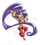  1girl arabian_clothes bandeau blue_eyes breasts brianne_drouhard choker cleavage dark_skin earrings harem_pants hoop_earrings jewelry long_hair midriff navel pointy_ears pointy_shoes ponytail purple_hair shantae shantae:_half-genie_hero shantae_(character) smile solo tiara very_long_hair 