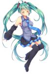  1girl ahoge aqua_hair blush boots closed_eyes detached_sleeves hatsune_miku long_hair necktie simple_background skirt smile solo thigh_boots thighhighs twintails urara_(sumairuclover) very_long_hair vocaloid white_background 
