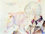  1boy 1girl animal_ears artist_name cherry_blossoms closed_eyes earrings facepaint final_fantasy final_fantasy_xiv gloves graphite_(medium) hand_on_shoulder hyur jewelry jinn_avalon miqo&#039;te necklace petals pink_hair portrait profile short_hair short_twintails traditional_media twintails watercolor_(medium) white_hair wind 