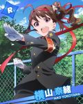  &gt;:d 1girl :d ahoge armlet bandana brown_hair character_name gloves idolmaster idolmaster_million_live! looking_at_viewer open_mouth posing scrunchie side_ponytail smile violet_eyes yokoyama_nao 