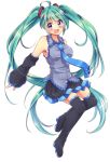  1girl ahoge aqua_hair blue_eyes blush boots detached_sleeves hatsune_miku long_hair necktie open_mouth simple_background skirt solo thigh_boots thighhighs twintails urara_(sumairuclover) very_long_hair vocaloid white_background 