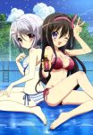  2girls absurdres back-to-back bikini black_hair blush breasts cleavage clouds drink feet hair_ornament hairband hairclip highres legs long_hair looking_back multiple_girls nyantype official_art open_mouth ore_no_nounai_sentakushi_ga_gakuen_love-comedy_wo_senryoku_de_jama_shiteru pool red_eyes short_hair side-tie_bikini silver_hair sky striped striped_bikini striped_swimsuit swimsuit v very_long_hair violet_eyes water wet wink yukihira_furano yuuouji_ouka 