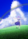  1girl blue_sky bow braid clouds from_behind grass hair_bow highres hill izayoi_sakuya kibou_madai lavender_hair maid_headdress open_hands outstretched_arms pantyhose rainbow short_hair short_sleeves single_braid skirt skirt_set sky solo spread_arms touhou white_legwear wind_lift 