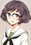  1girl akiyama_yukari bespectacled blush brown_eyes brown_hair em girls_und_panzer glasses looking_at_viewer open_mouth school_uniform short_hair solo sweatdrop 