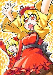  2girls aki_minoriko aki_shizuha blonde_hair blush_stickers closed_eyes dress food fruit grapes hat kawachi_koorogi marker_(medium) multiple_girls open_mouth outstretched_arms red_eyes short_hair touhou traditional_media 