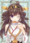  1girl ahoge ameto_yuki bare_shoulders brown_hair character_name cup detached_sleeves hair_ornament hairband kantai_collection kongou_(kantai_collection) long_hair looking_at_viewer nontraditional_miko ribbon_trim simple_background smile solo tea teacup translated violet_eyes wide_sleeves wink 
