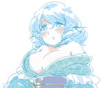 1girl animal_ears blue_eyes blush breasts cleavage drill_hair head_fins japanese_clothes large_breasts monster_girl obi off_shoulder simple_background sketch solo touhou wakasagihime white_background 