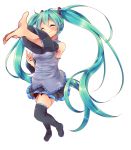  1girl aqua_hair boots closed_eyes detached_sleeves hatsune_miku long_hair outstretched_arm simple_background skirt smile solo thigh_boots thighhighs twintails urara_(sumairuclover) very_long_hair vocaloid white_background 
