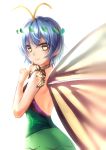  1girl antennae bangs blue_hair blush butterfly_wings character_request closed_mouth dress from_side green_dress hair_ornament hidden_star_in_four_seasons index_finger_raised koissa leaf_hair_ornament looking_at_viewer looking_to_the_side open-back_dress short_hair smile solo touhou upper_body wings yellow_eyes 
