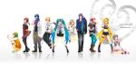  3boys 6+girls aqua_hair blonde_hair blue_hair boots bracelet brown_hair copyright_name domco green_hair gumi hand_on_hip hat hatsune_miku headphones high_heels highres ia_(vocaloid) jeans jewelry jumping kagamine_len kagamine_rin kaito kamui_gakupo lily_(vocaloid) long_hair megurine_luka meiko microphone midriff multiple_boys multiple_girls navel necklace open_mouth pantyhose ring scarf short_hair single_thighhigh sitting skirt squatting suspenders thighhighs twintails very_long_hair vocaloid wink 