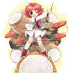  1girl biyon drum drum_set drumsticks horikawa_raiko instrument jacket juliet_sleeves long_sleeves looking_at_viewer necktie open_mouth puffy_sleeves red_eyes redhead shirt skirt smile solo taiko_drum touhou wink 