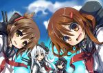  4girls akatsuki_(kantai_collection) black_eyes black_hair blush brown_eyes brown_hair fang green_eyes hair_ornament hairclip half_updo hat hibiki_(kantai_collection) ikazuchi_(kantai_collection) inazuma_(kantai_collection) kantai_collection machinery multiple_girls open_mouth oshiruko_(uminekotei) personification sailor_dress turret white_hair yellow_eyes 