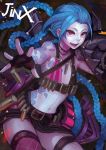  1girl aqua_hair bandolier beltskirt bikini_top braid bullet character_name choker danann fingerless_gloves flat_chest gloves gun highres jewelry jinx_(league_of_legends) league_of_legends long_hair midriff navel necklace outstretched_hand over_shoulder pale_skin single_thighhigh smile solo tattoo thighhighs twin_braids very_long_hair violet_eyes weapon weapon_over_shoulder 