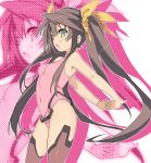  1girl :o armpits bare_shoulders blade_(galaxist) blush bodysuit breasts brown_hair green_eyes huang_lingyin infinite_stratos interlocked_fingers long_hair outline solo thighhighs twintails zoom_layer 